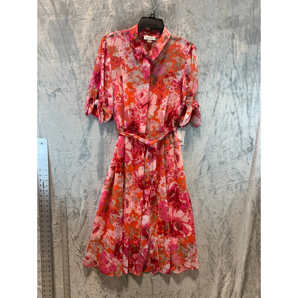 Calvin Klein Pink Orange Floral Shirt Dress Tie Short Sleeve Midi Size 10 NEW